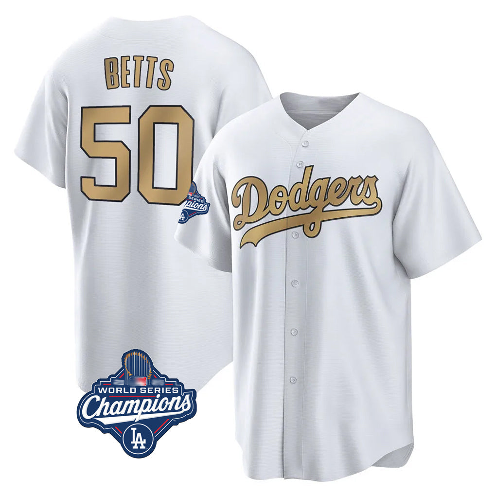 LA.Dodgers #50 Mookie Betts Player Gold World Series Meet Collection Limited Home Gdoa Stitched Jerseys