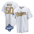 LA.Dodgers #50 Mookie Betts Player Gold World Series Meet Collection Limited Home Gdoa Stitched Jerseys