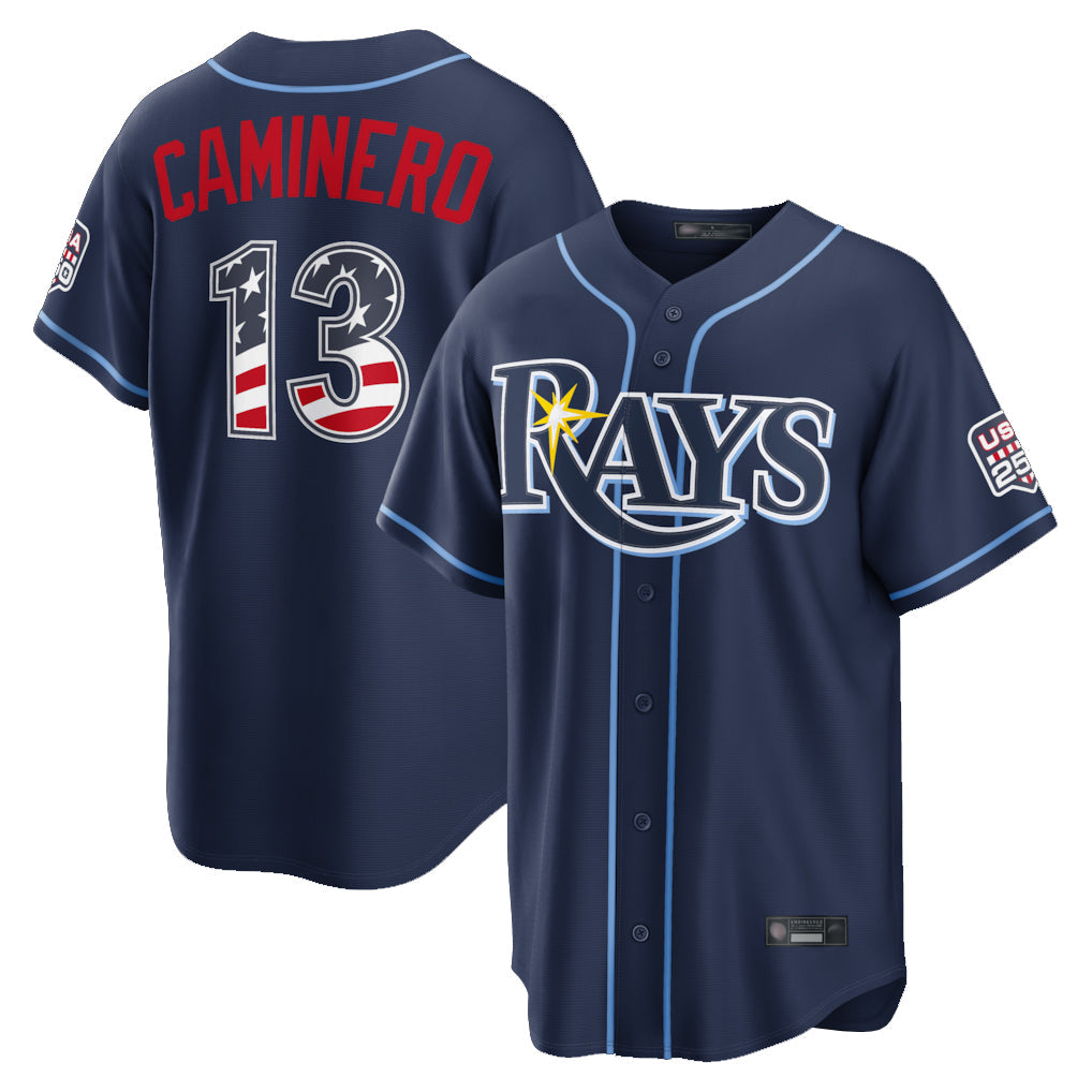 T.Bay Rays #13 Junior Caminero Player Navy USA 250 Fourth of July Limited Home Game Gdoa250Ys Stitched Jerseys