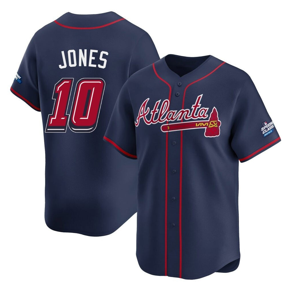 A.Braves #10 Chipper Jones Player Navy 2025 Speedway Classic Home Game Gdoa Stitched Jerseys