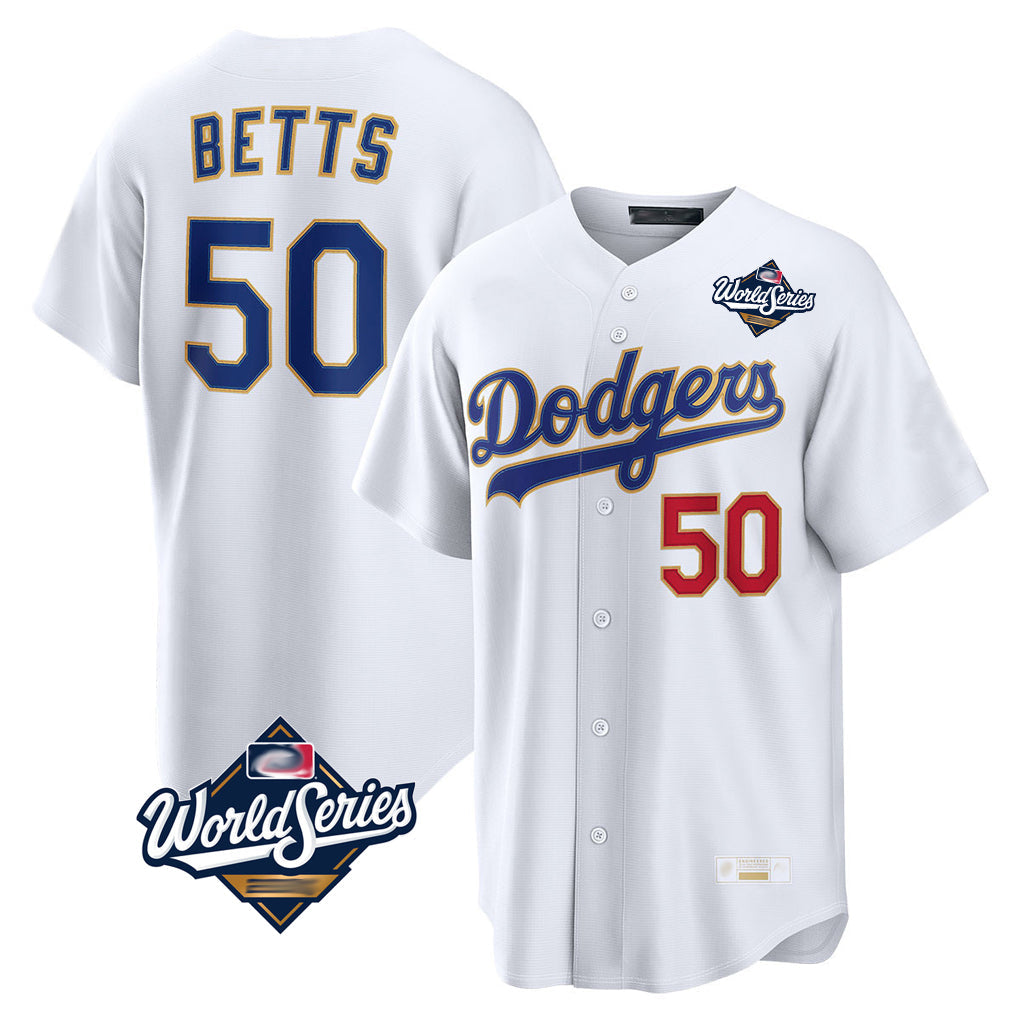 LA.Dodgers #50 Mookie Betts Player Gold White World Series Collection Limited Home Gdoa Stitched Jerseys
