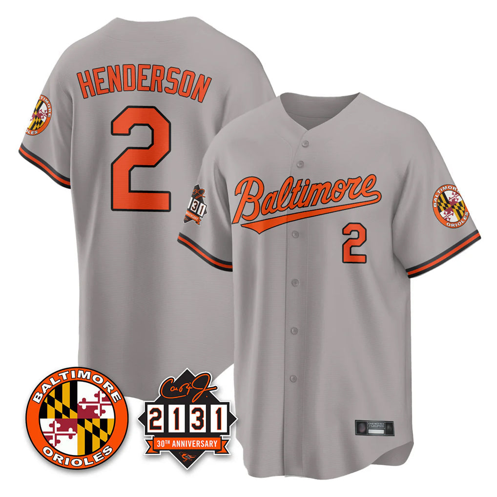 B.Orioles #2 Gunnar Henderson Player Gray 30th Anniversary of 2131 Home Game Gdoa Stitched Jerseys