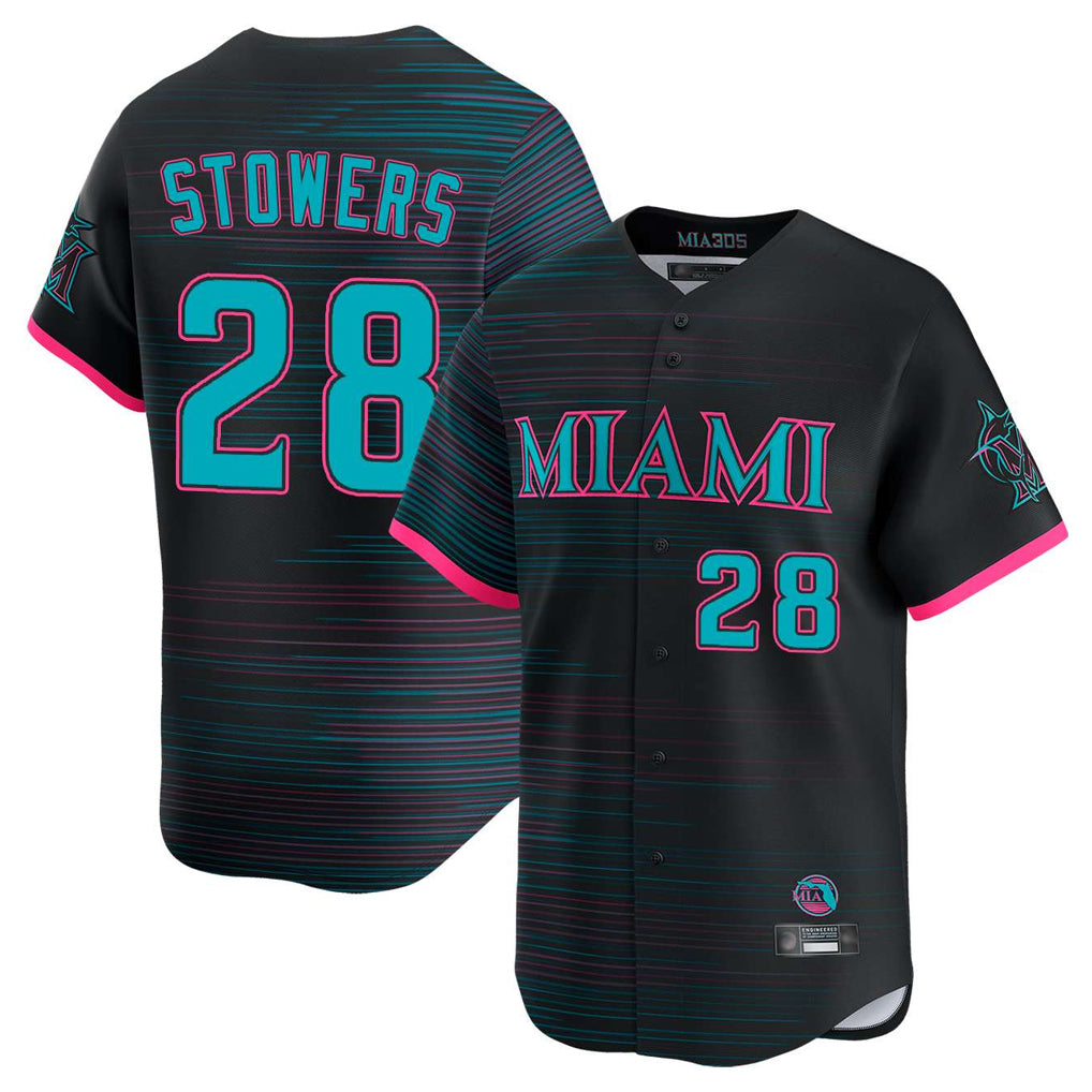 M.Marlins #28 Kyle Stowers Player Black City Connect Home Limited Gdoa Stitched Jerseys