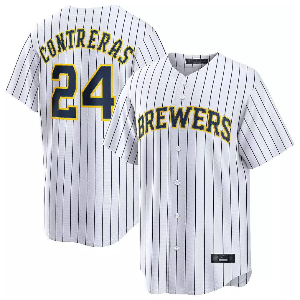 M.Brewers #24 William Contreras Player White Stripes Home Limited Gdoa Stitched Jerseys