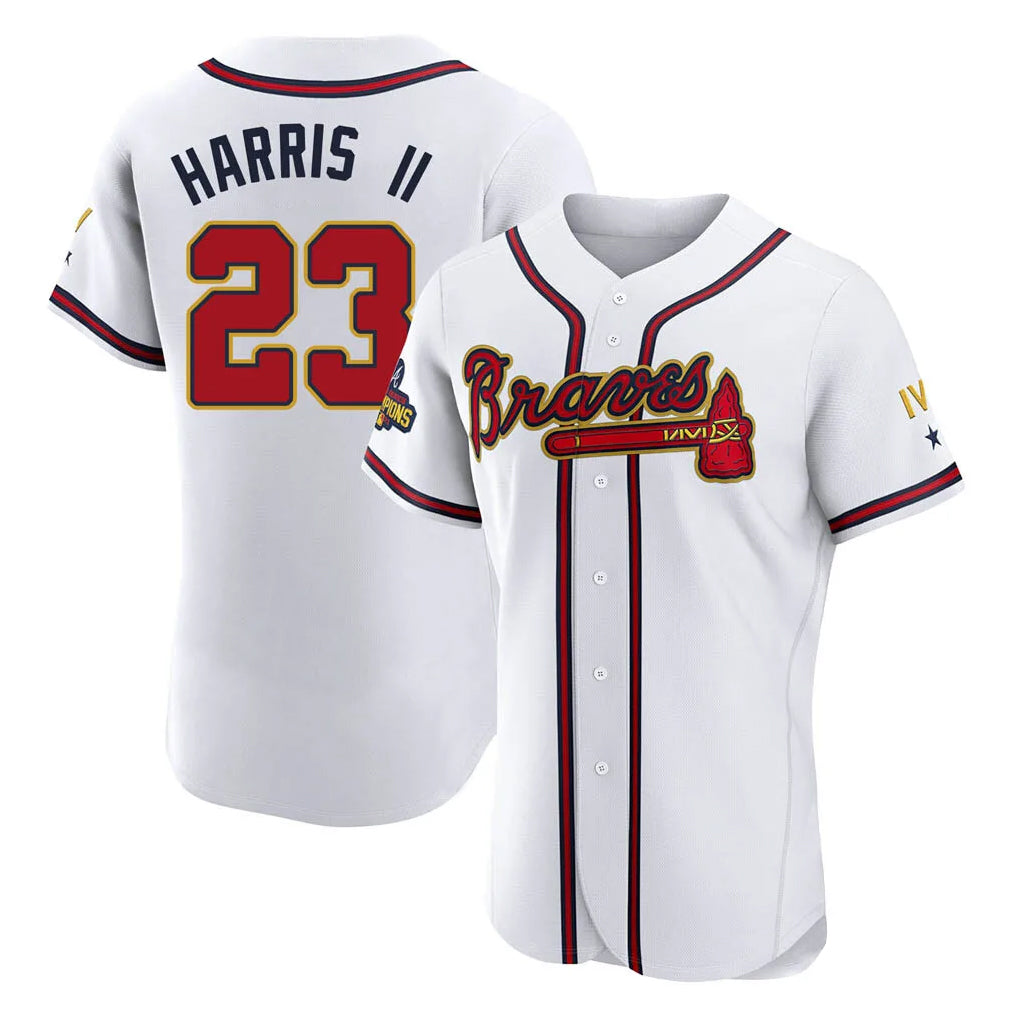 A.Braves #23 Michael Harris II Player White Gold Limited Elite Home Game Gdoa Stitched Jerseys