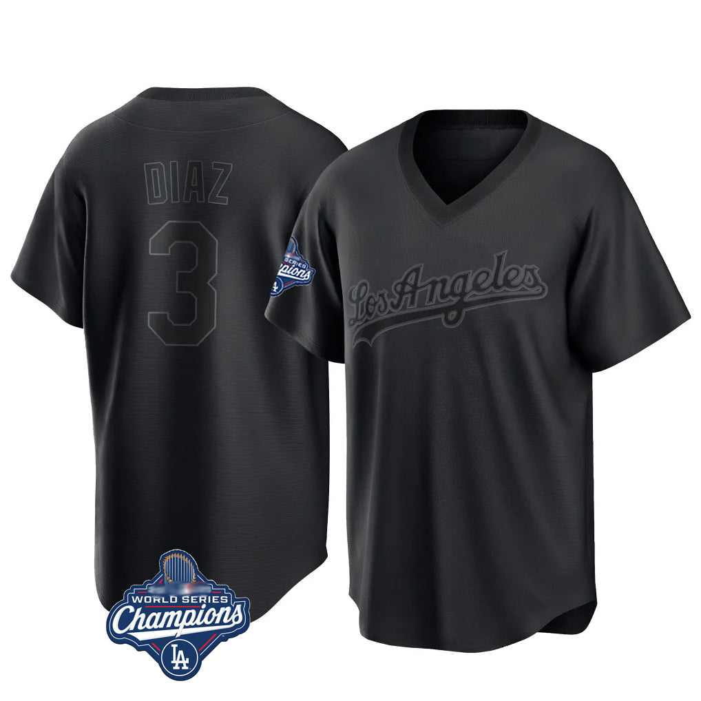 LA.Dodgers #3 Edwin D¨ªaz Player Black World Series Meet Pitch Fashion T-shirt Gdoa Stitched Jerseys