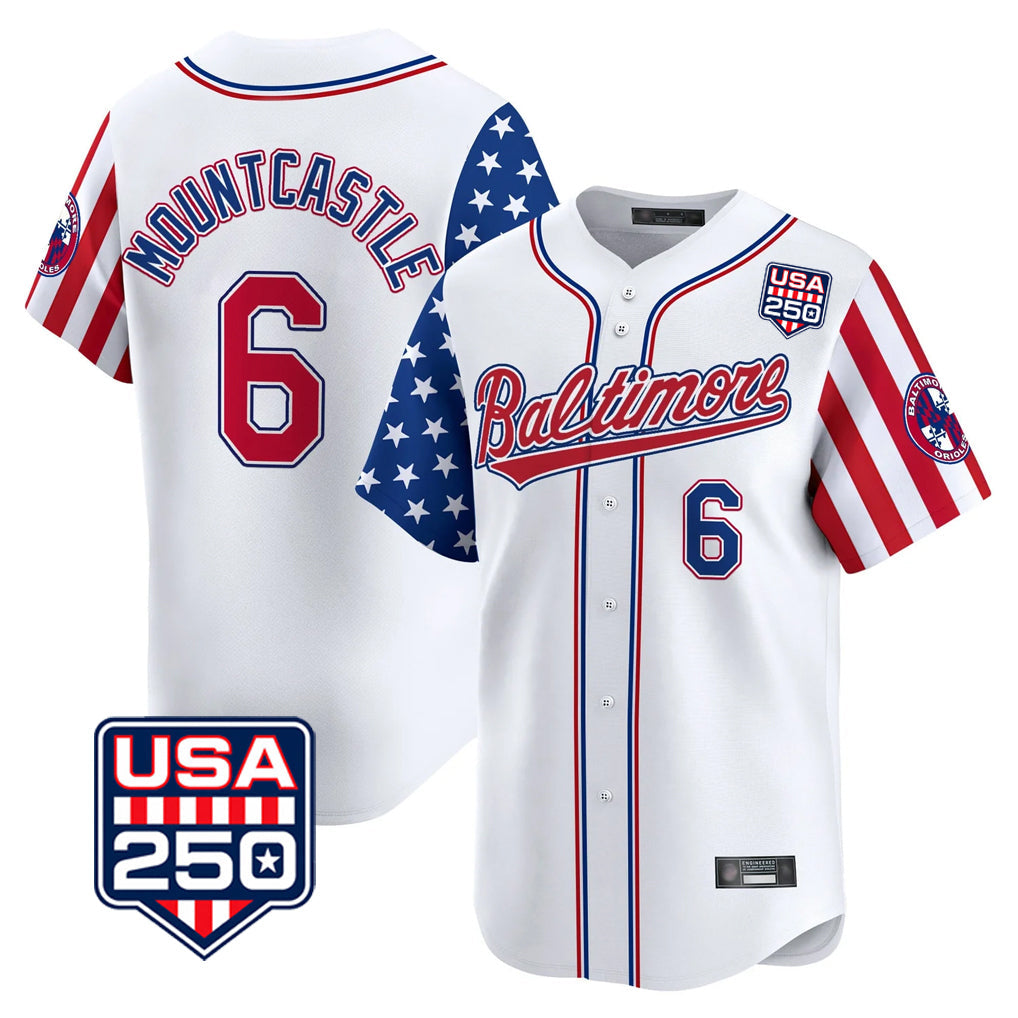 B.Orioles #6 Ryan Mountcastle Player White USA 250 Independence Day Vapor Premier Limited Home Game Gdoa Stitched Jerseys
