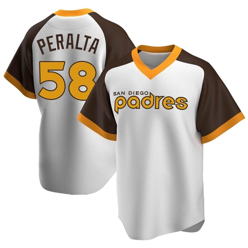 S.Diego Padres #58 Wandy Peralta Player White Home Cooperstown Collection Replica Game Stitched Jerseys