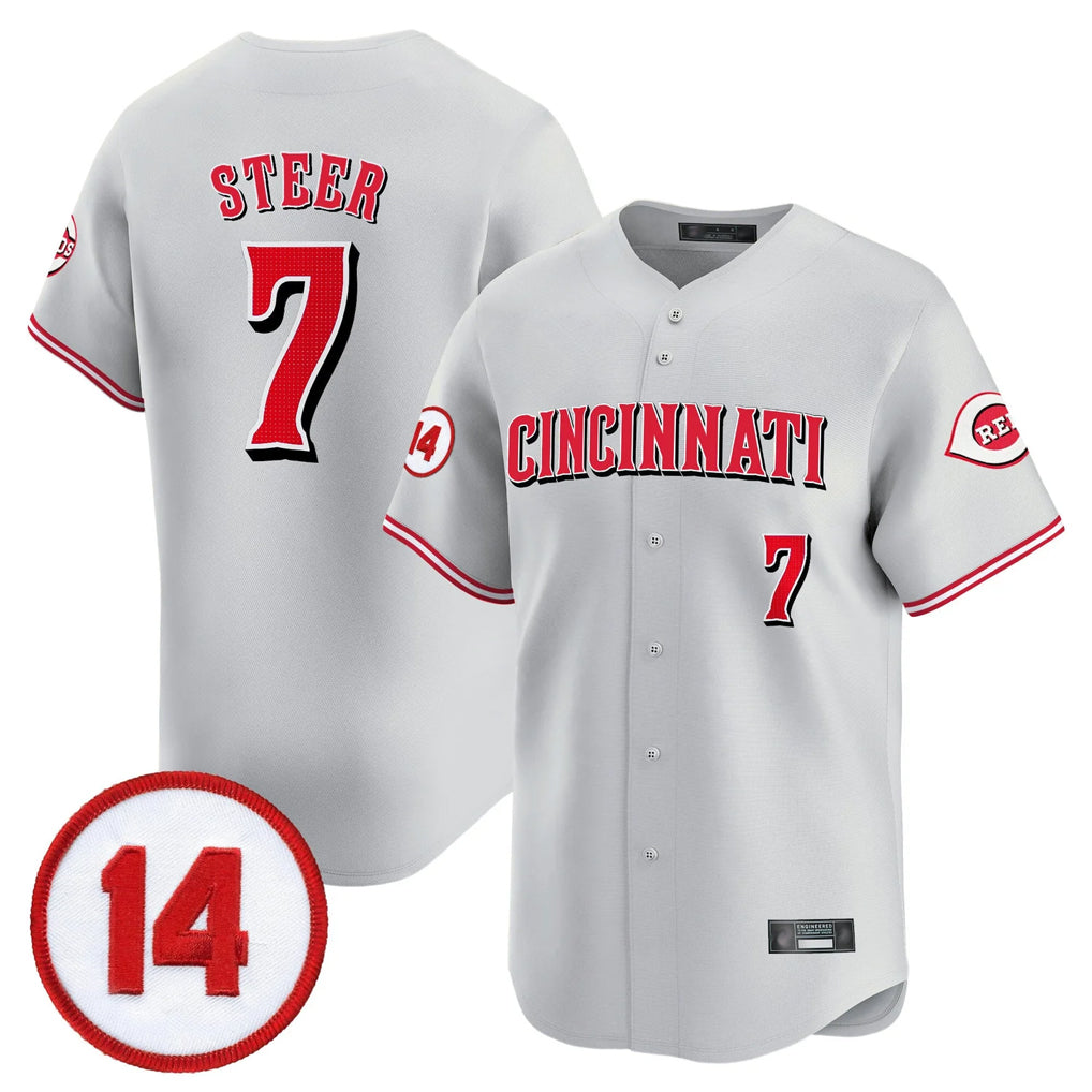 C.Reds #7 Spencer Steer Player Gray Vapor Premier Limited Home Gdoa Stitched Jerseys