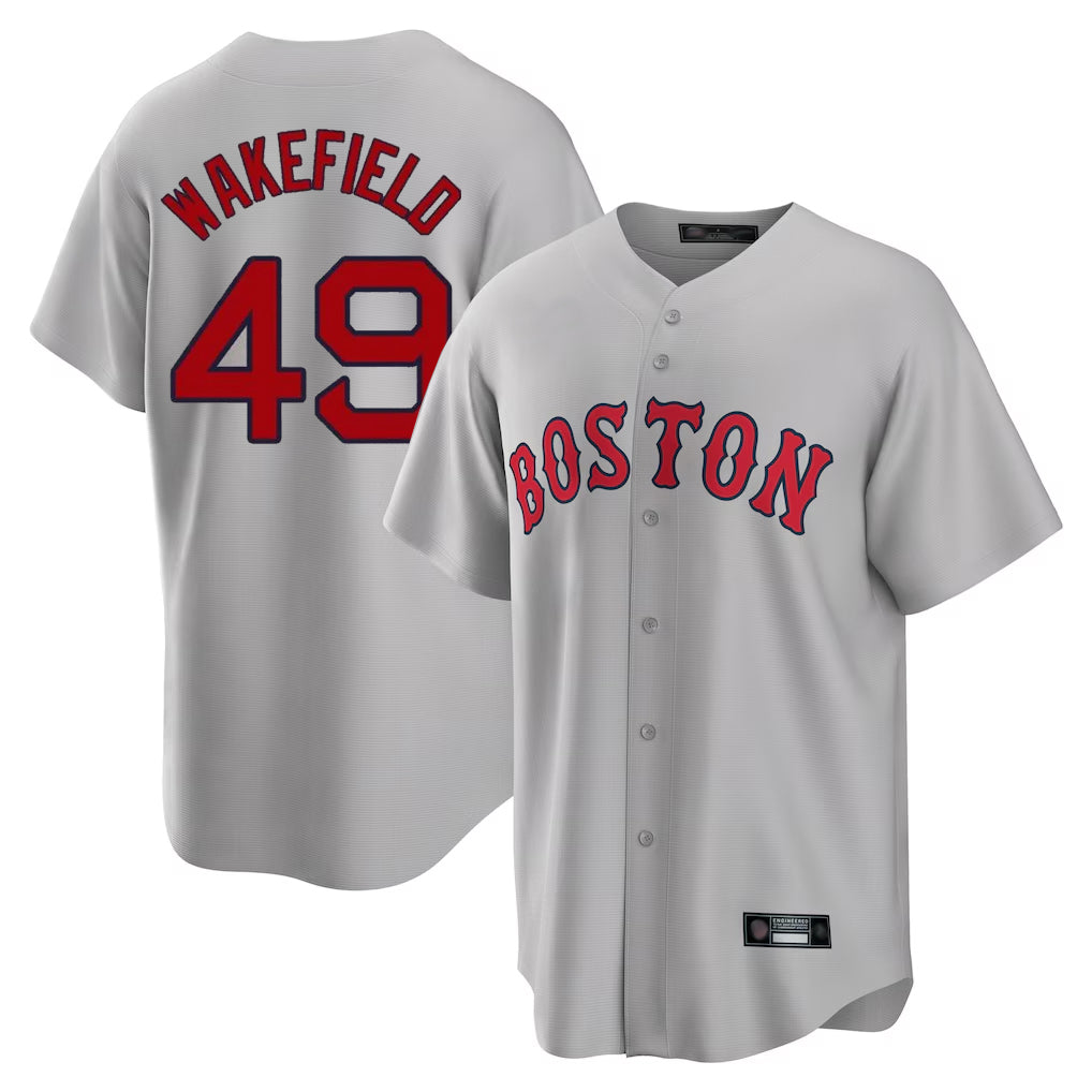 B.Red Sox #49 Tim Wakefield Player Gray Road Home Game Gdoa Stitched Jerseys