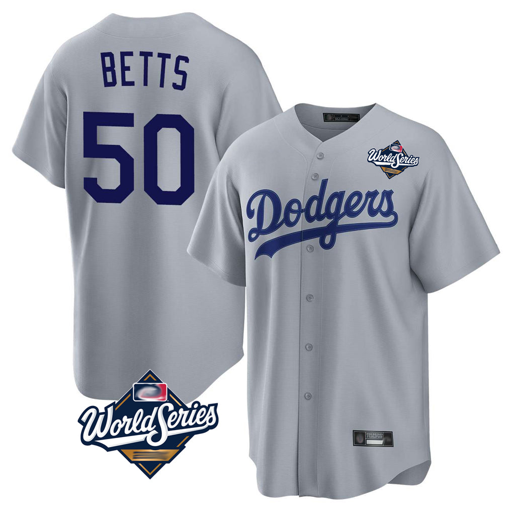 LA.Dodgers #50 Mookie Betts Player Gray World Series Game Gdoa Stitched Jerseys