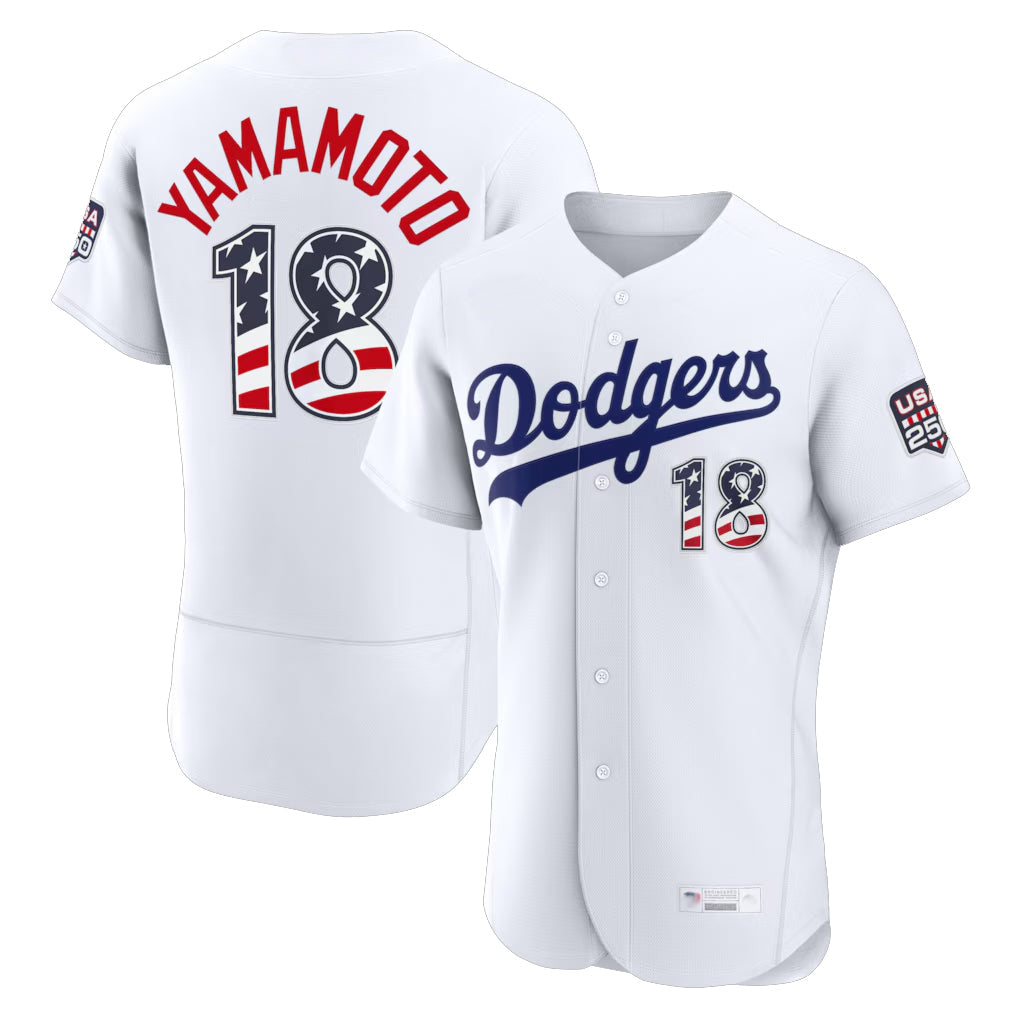 LA.Dodgers #18 Yoshinobu Yamamoto Player White USA 250 Fourth of July Limited Elite Home Game Gdoa250Ys Stitched Jerseys