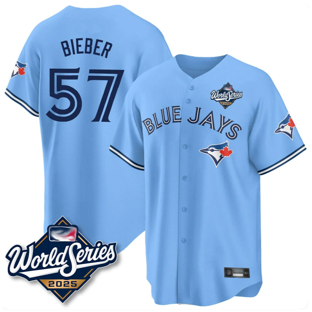T.Blue Jays #57 Shane Bieber Player Blue 2025 World Series All Stitched Jerseys