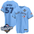 T.Blue Jays #57 Shane Bieber Player Blue 2025 World Series All Stitched Jerseys