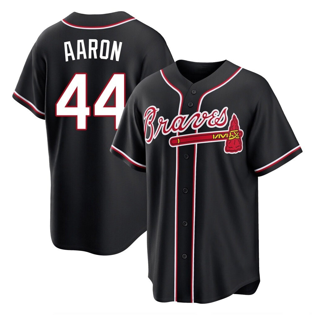 A.Braves #44 Hank Aaron Player Black Fashion Out Game Gdoa Stitched Jerseys