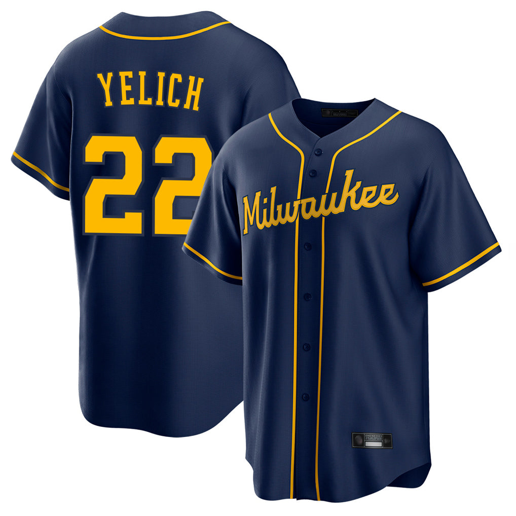 M.Brewers #22 Christian Yelich Player Navy Home Game Gdoa Stitched Jerseys