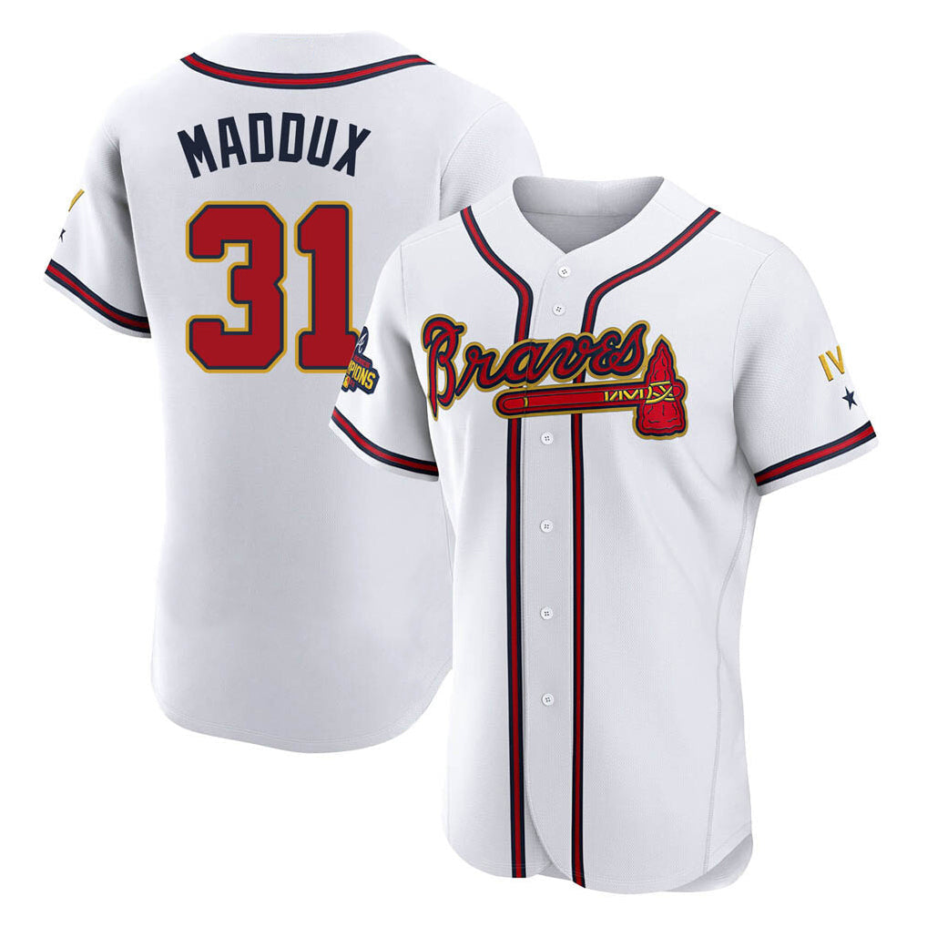 A.Braves #31 Greg Maddux Player White Gold Limited Elite Home Game Gdoa Stitched Jerseys
