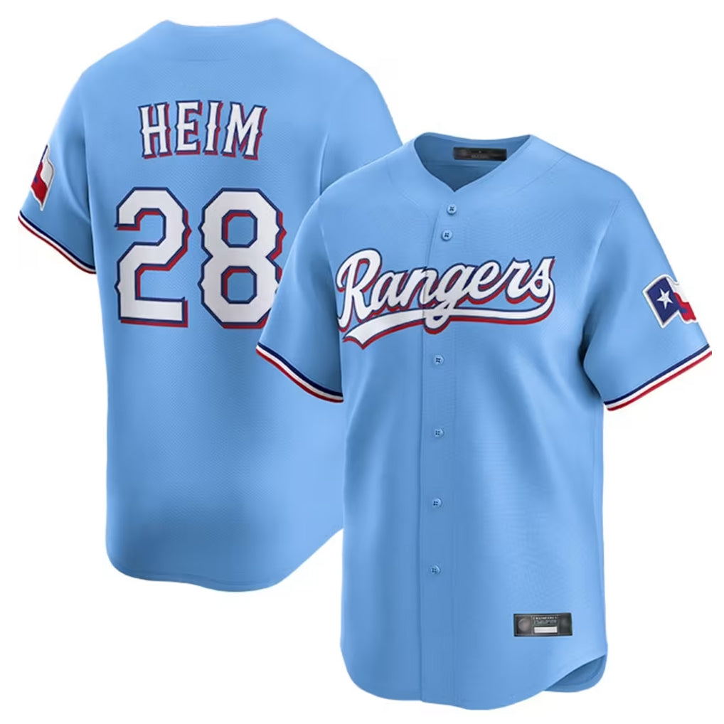 T.Rangers #28 Jonah Heim Player Light Blue Home Limited Gdoa Stitched Jerseys