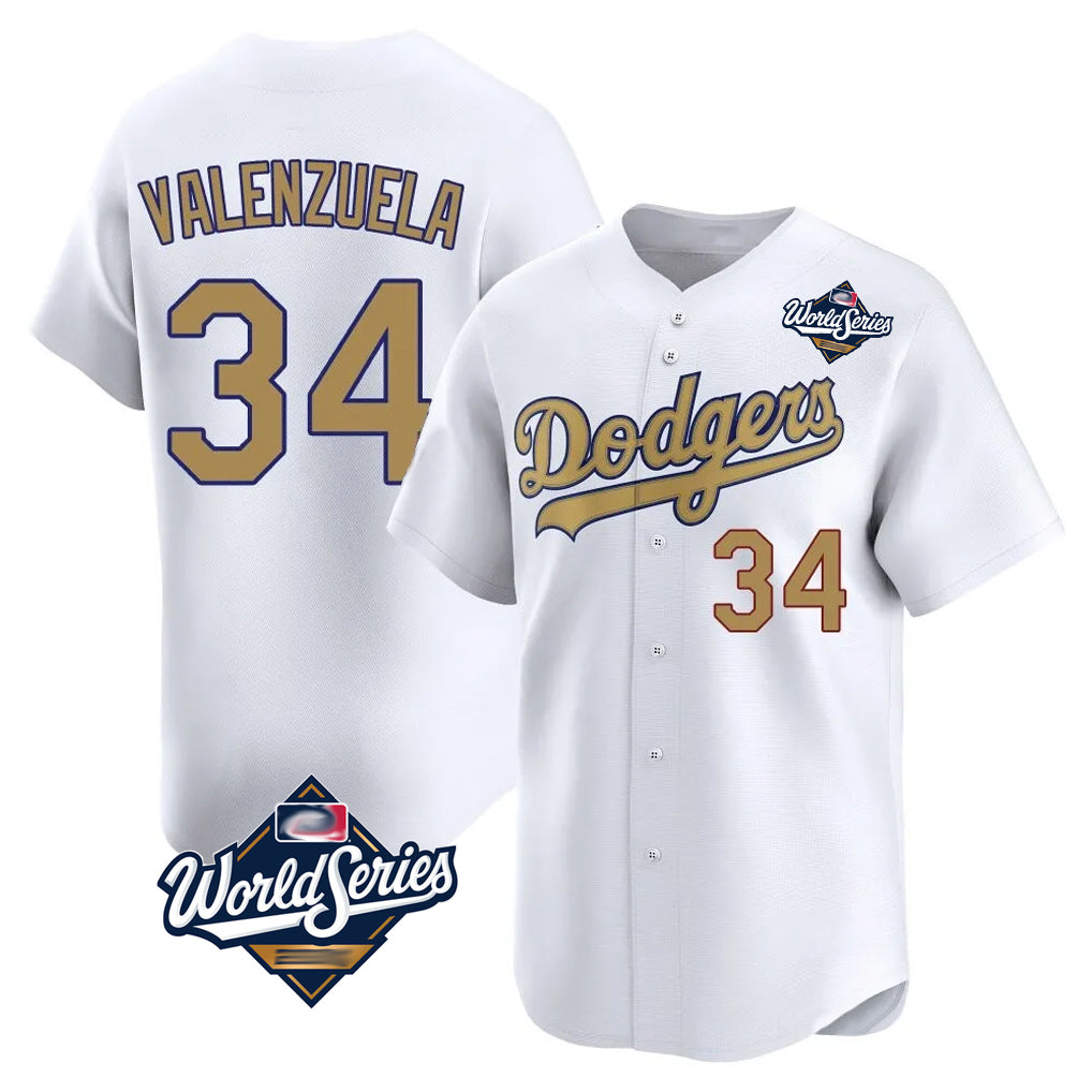 LA.Dodgers #34 Fernando Valenzuela Player Gold World Series Collection Limited Home Gdoa Stitched Jerseys