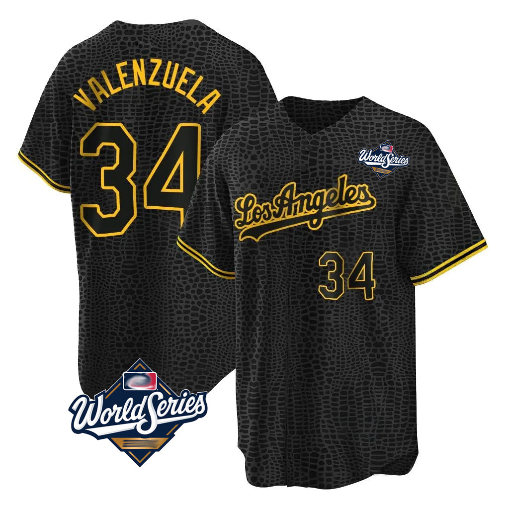LA.Dodgers #34 Fernando Valenzuela Player Black World Series Snake Skin City Game Home Gdoa Stitched Jerseys