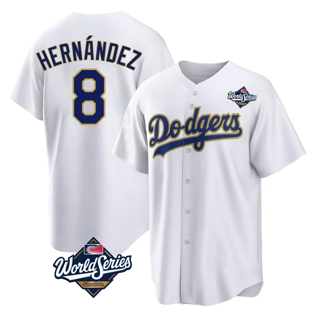 LA.Dodgers #8 Enrique Hern¨¢ndez Player Gold White World Series 2026 Collection Stadium Game Gdoa Stitched Jerseys
