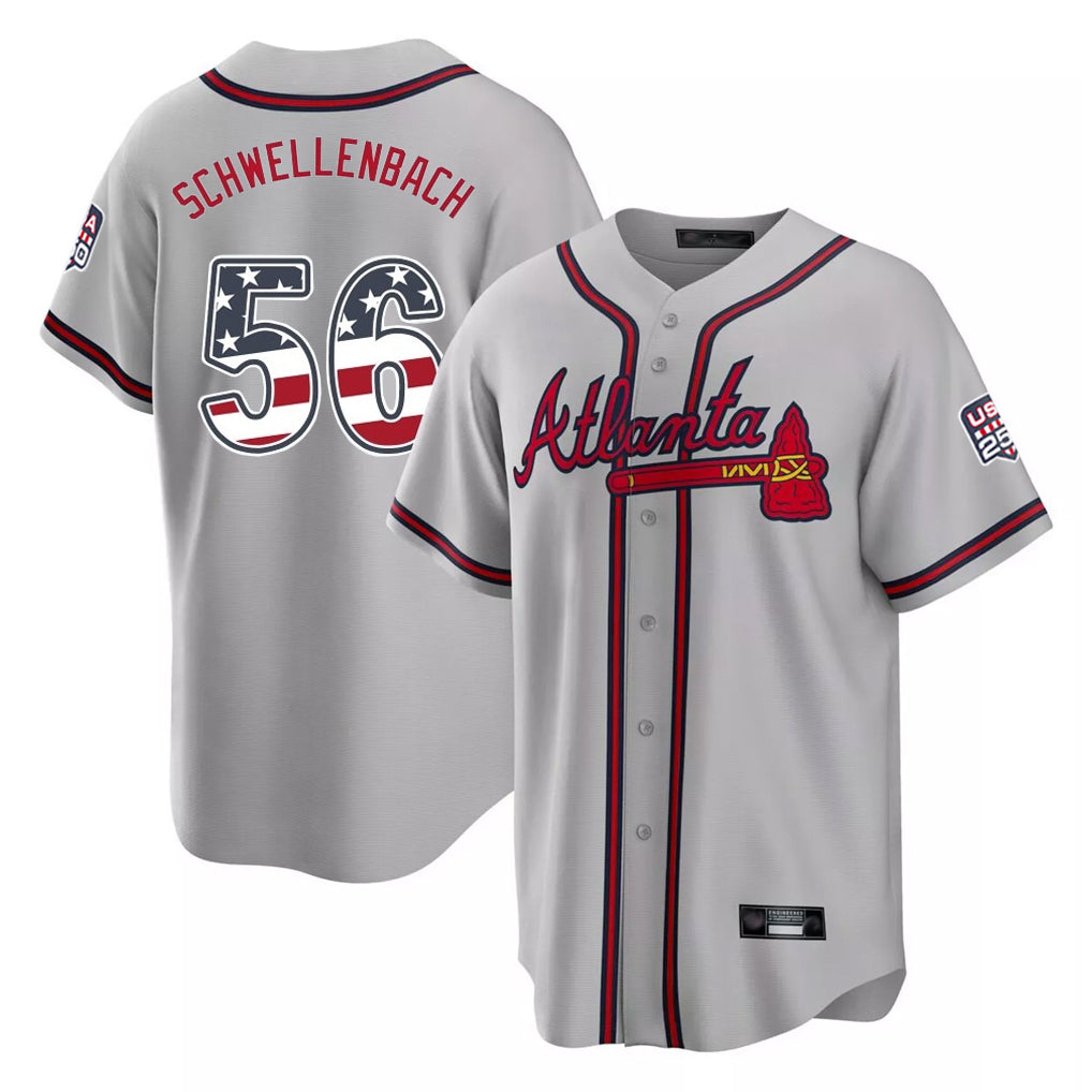 A.Braves #56 Spencer Schwellenbach Player Gray USA 250 Fourth Of July Limited Home Game Gdoa250Ys Stitched Jerseys