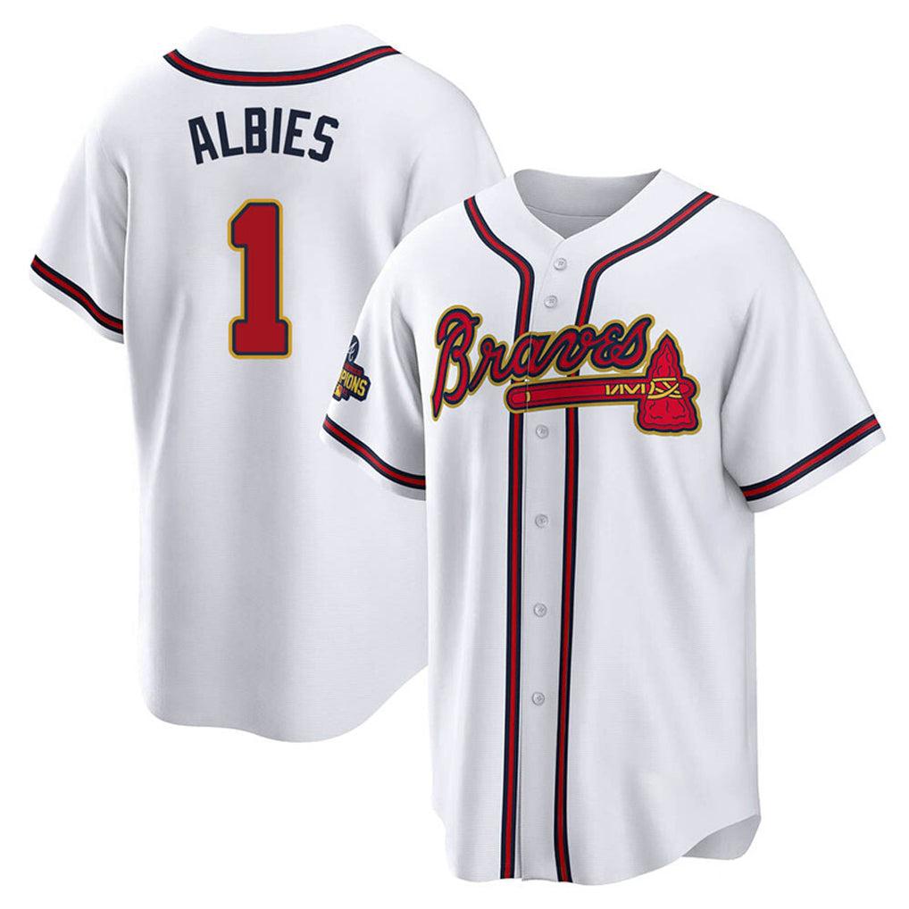 A.Braves #1 Ozzie Albies Player White Gold Home Game Gdoa Stitched Jerseys