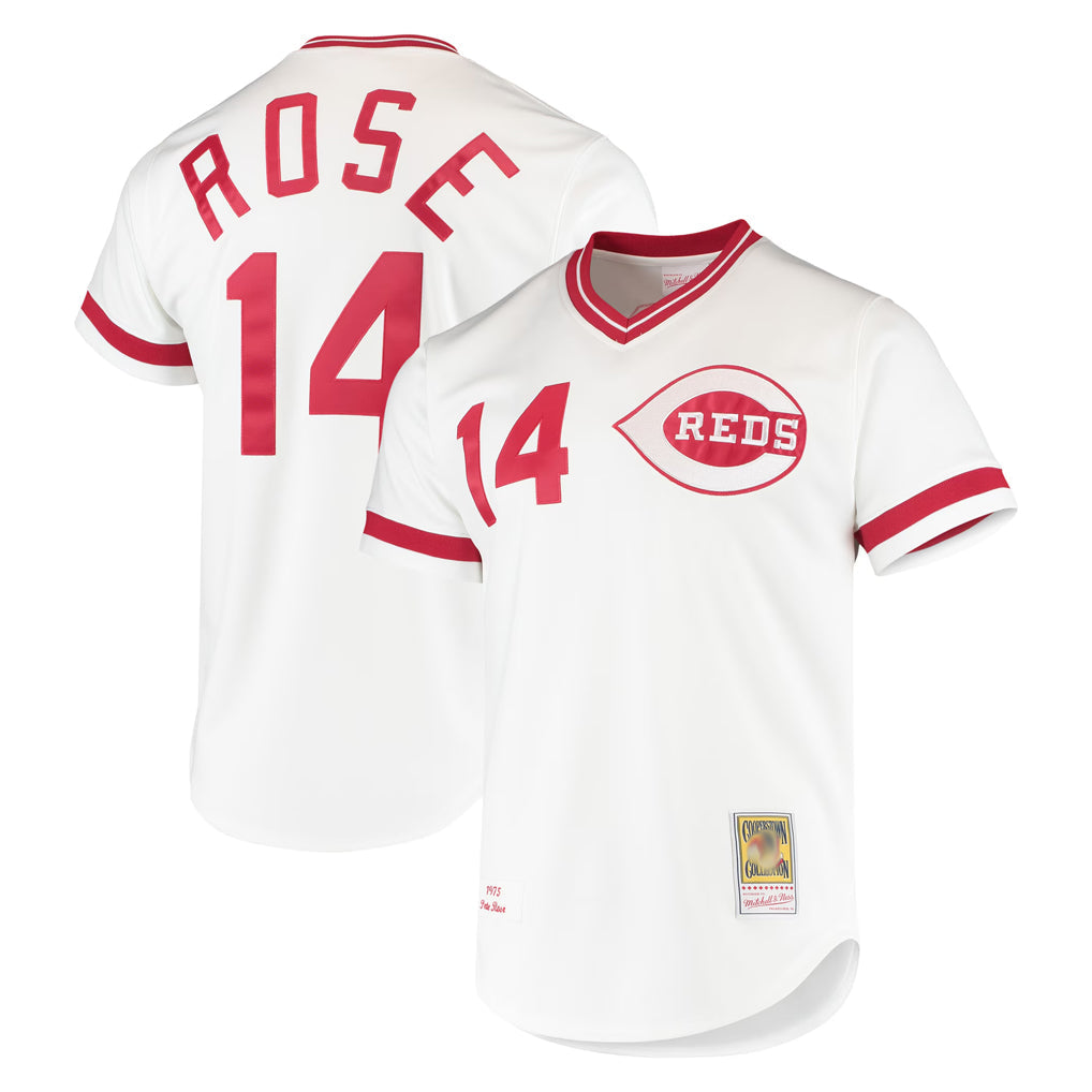 C.Reds #14 Pete Rose Player White Mitchell & Ness Throwback Cooperstown Mesh T-shirt Game Gdoa Stitched Jerseys