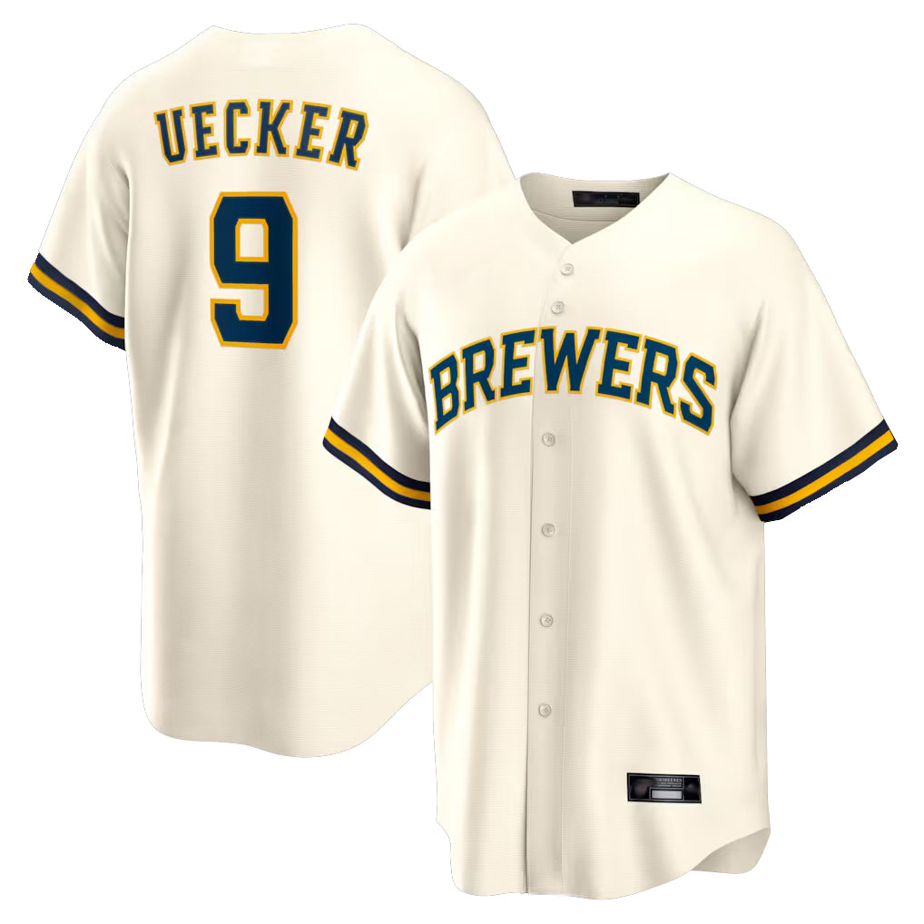 M.Brewers #9 Bob Uecker Player Cream Home Game Gdoa Stitched Jerseys