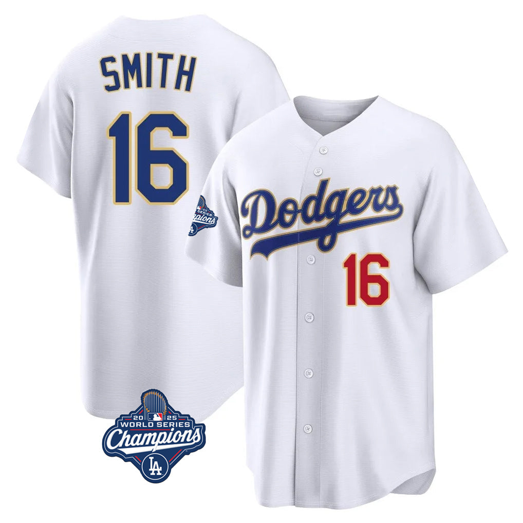 LA.Dodgers #16 Will Smith Player Gold White World Series Meet 2026 Collection Stadium Limited Gdoa Stitched Jerseys