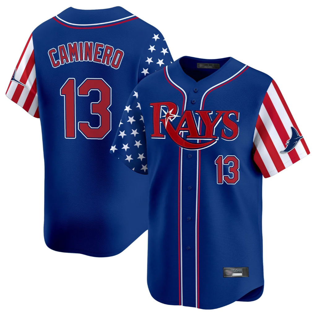 T.Bay Rays #13 Junior Caminero Player Royal 2025 Independence Day Vapor Premier Limited Stitched Jerseys
