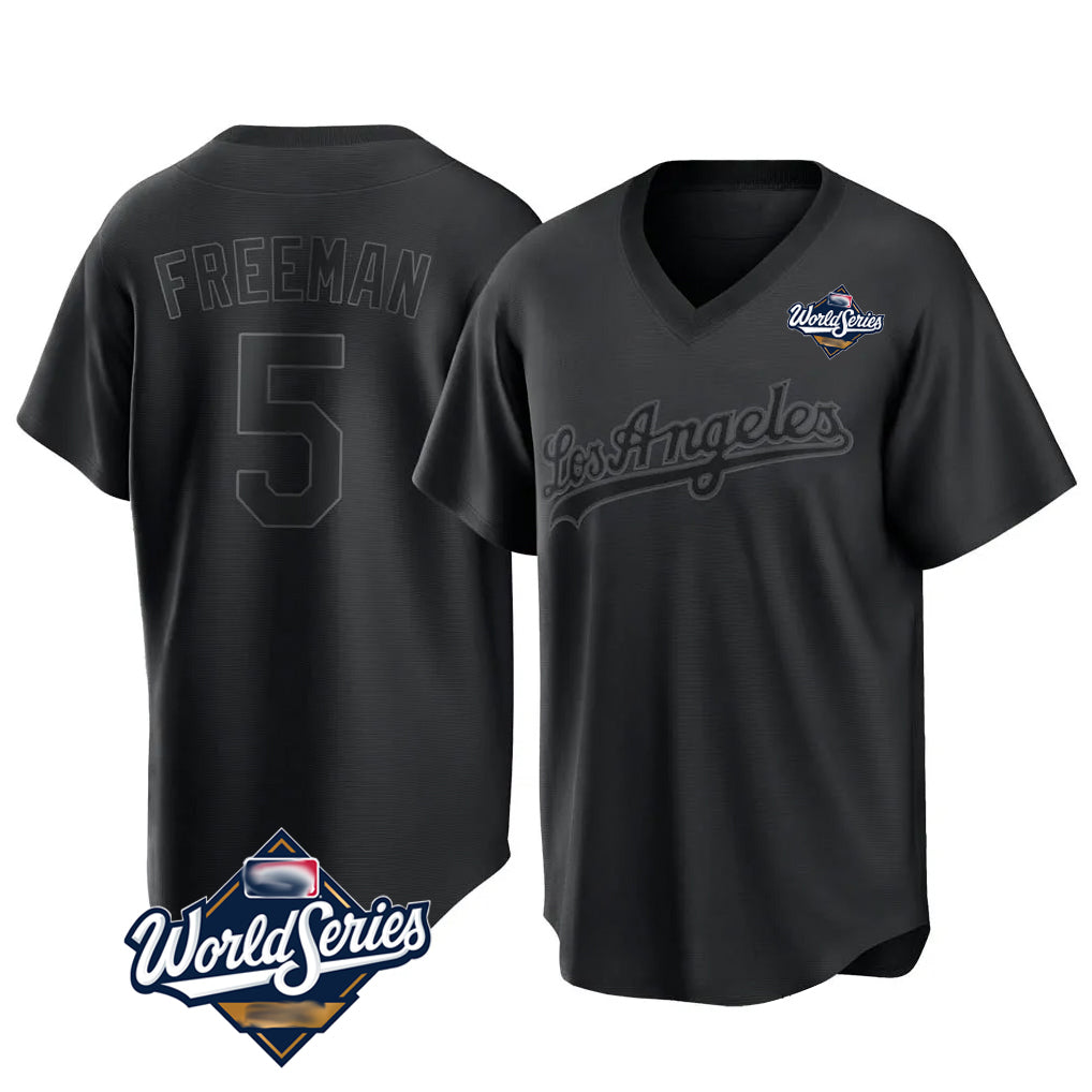 LA.Dodgers #5 Freddie Freeman Player Black World Series Pitch Fashion T-shirt Gdoa Stitched Jerseys