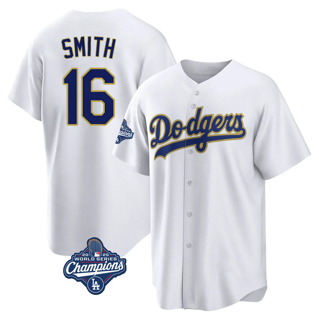 LA.Dodgers #16 Will Smith Player Gold White World Series Meet 2026 Collection Stadium Game Gdoa Stitched Jerseys