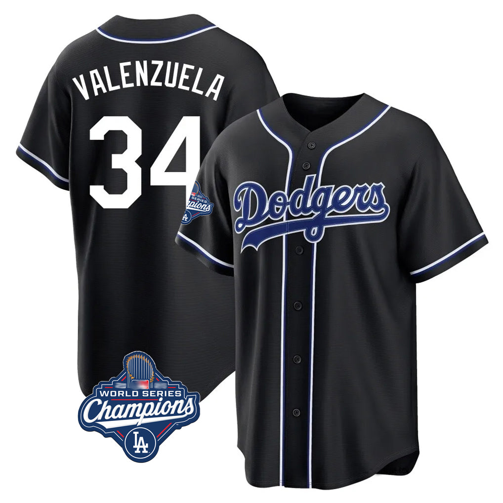 LA.Dodgers #34 Fernando Valenzuela Player Black World Series Meet Carbon Limited Home Gdoa Stitched Jerseys