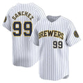 M.Brewers #99 Gary Sanchez Player White Stripes Home Game Gdoa Stitched Jerseys