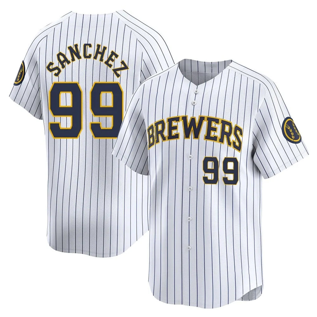 M.Brewers #99 Gary Sanchez Player White Stripes Home Game Gdoa Stitched Jerseys