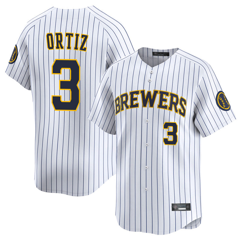 M.Brewers #3 Joey Ortiz Player White Stripes Home Limited Game Gdoa Stitched Jerseys
