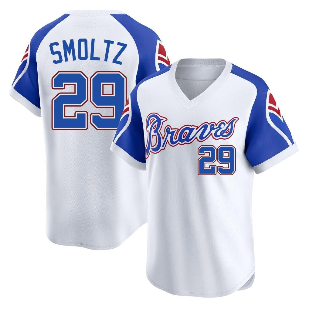 A.Braves #29 John Smoltz Player White Throwback Cooperstown Collection T-shirt Game Gdoa Stitched Jerseys