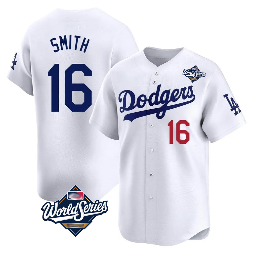 LA.Dodgers #16 Will Smith Player White World Series Limited Home Gdoa Stitched Jerseys