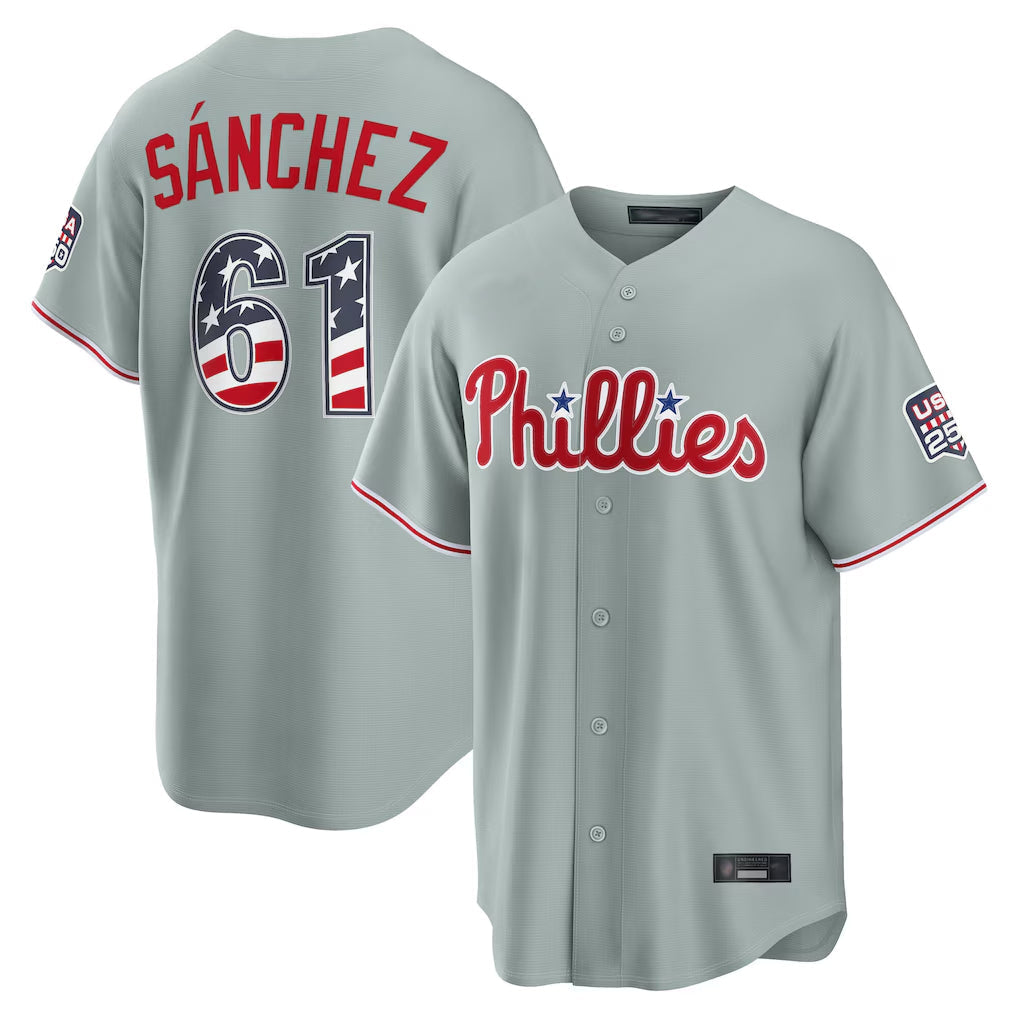 P.Phillies #61 Cristopher Sanchez Player Gray USA 250 Fourth of July Limited Home Game Gdoa250Ys Stitched Jerseys