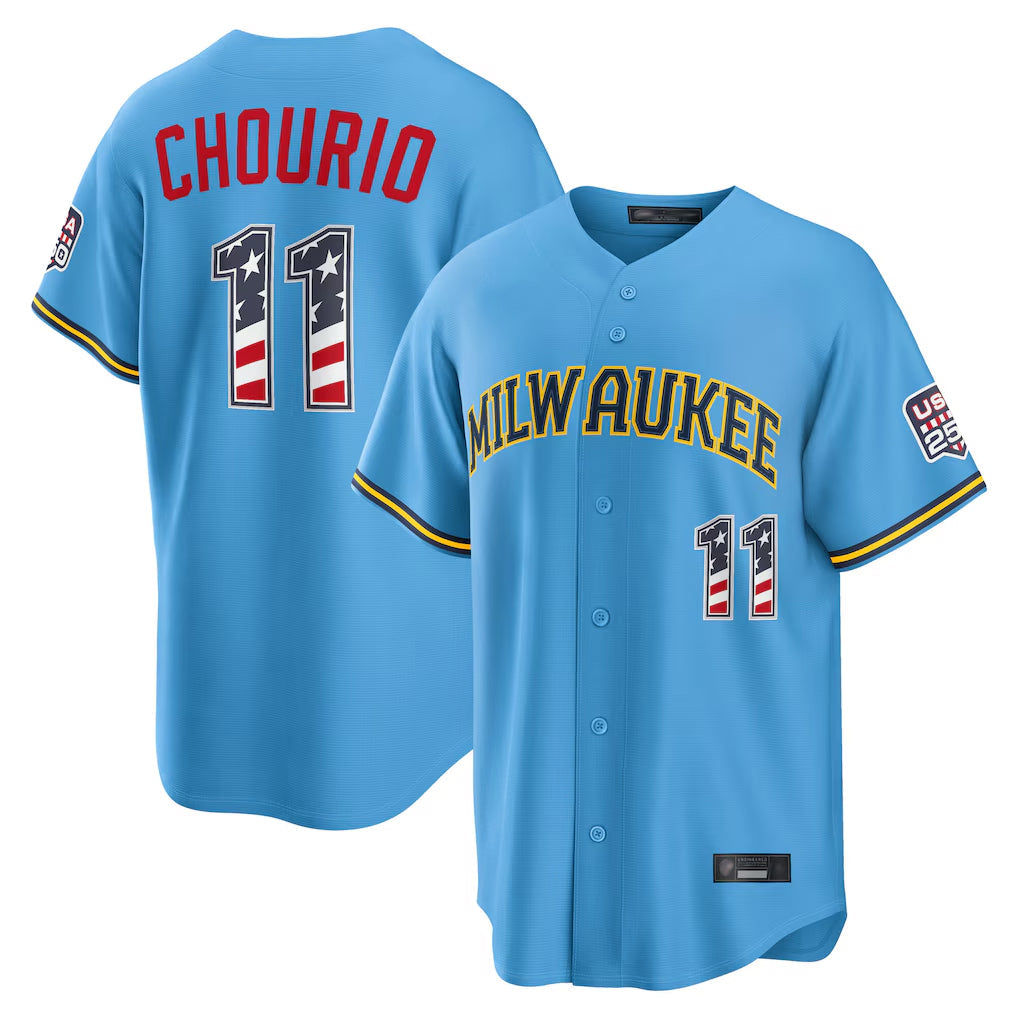 M.Brewers #11 Jackson Chourio Player Light Blue USA 250 Fourth of July Limited Elite Home Game Gdoa250Ys Stitched Jerseys