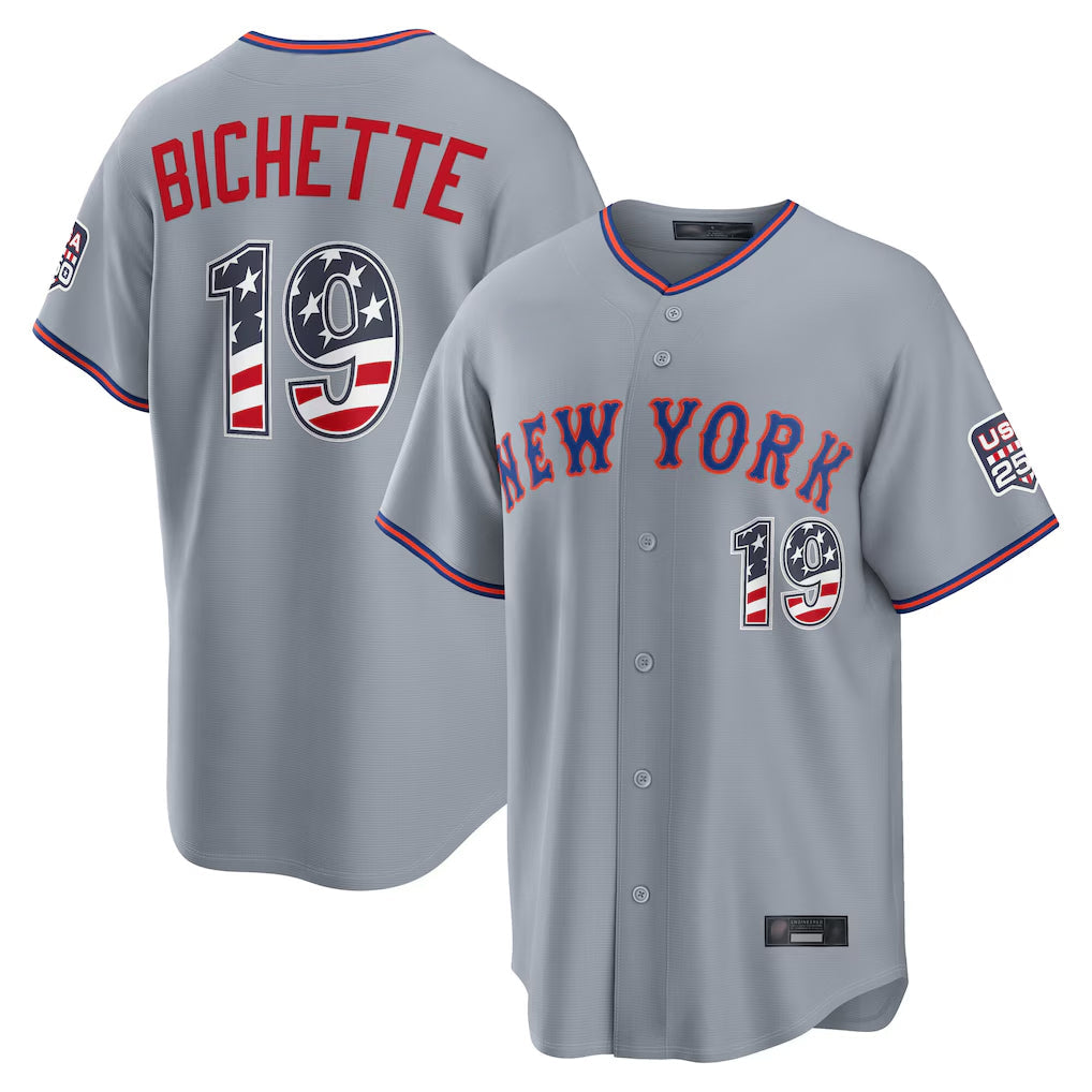 NY.Mets #19 Bo Bichette Player Gray USA 250 Fourth of July Limited Elite Home Game Gdoa250Ys Stitched Jerseys