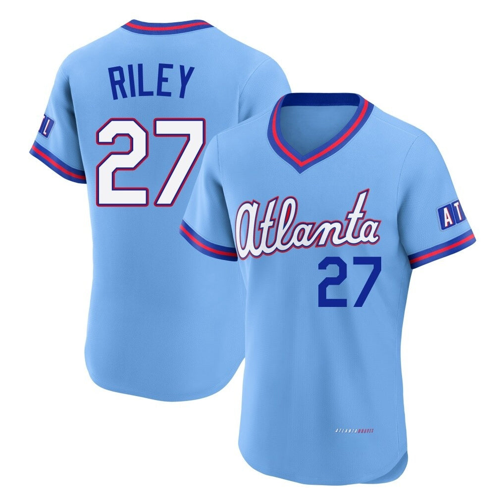 A.Braves #27 Austin Riley Player Powder Blue 2026 City Connect T-shirt Limited Elite Home Game Gdoa Stitched Jerseys