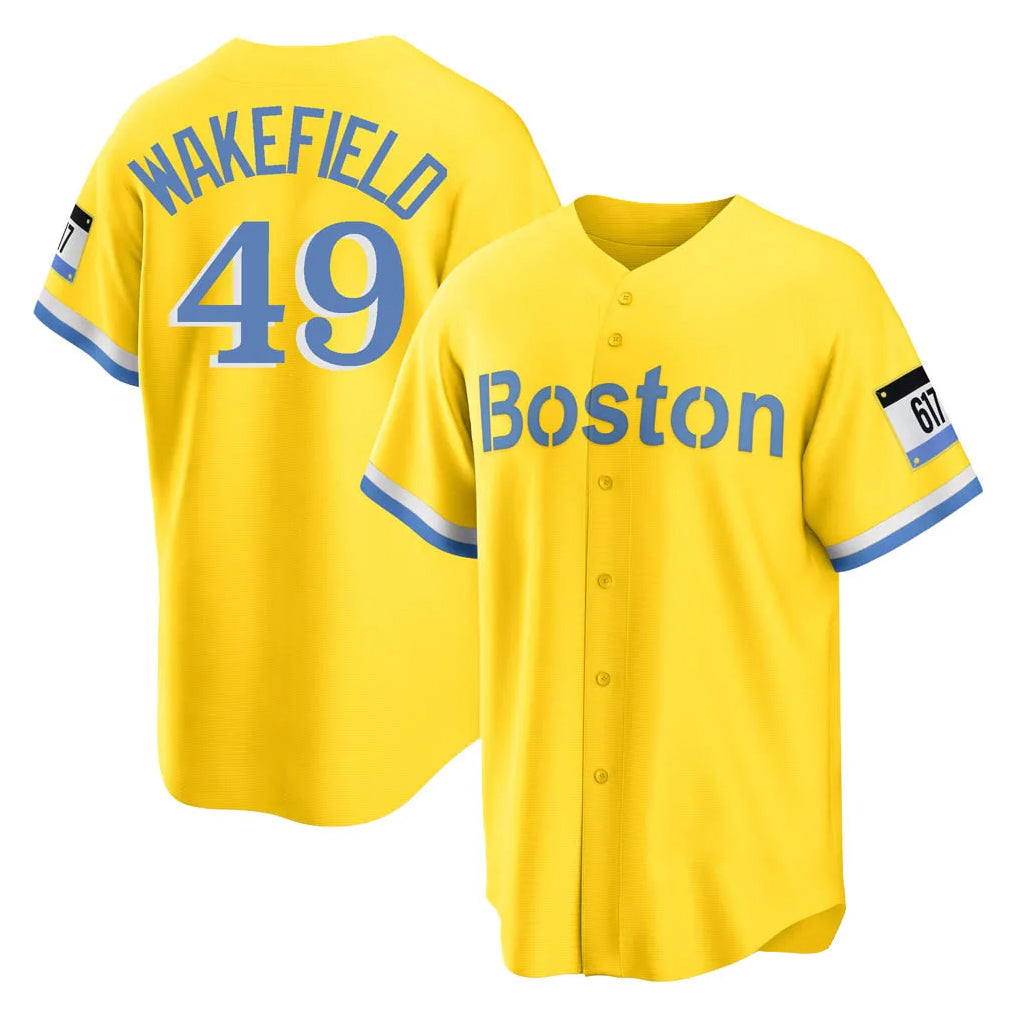 B.Red Sox #49 Tim Wakefield Player Yellow Home Game Gdoa Stitched Jerseys