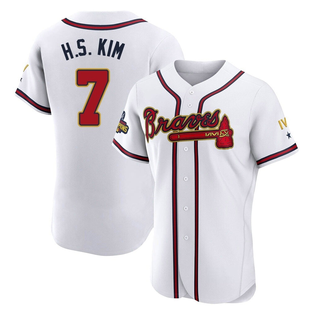 A.Braves #7 Ha-Seong Kim Player White Gold Limited Elite Home Game Gdoa Stitched Jerseys