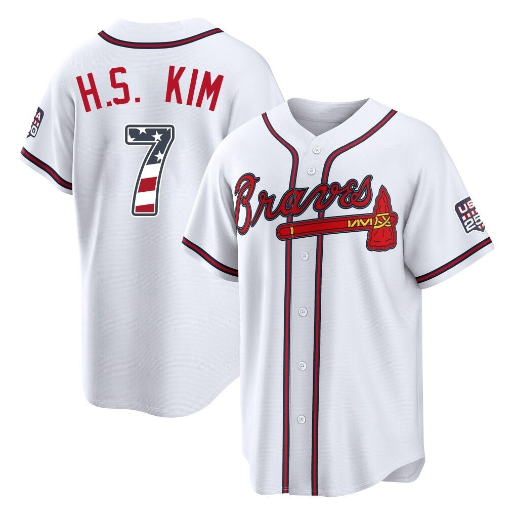 A.Braves #7 Ha-Seong Kim Player White USA 250 Fourth Of July Limited Home Game Gdoa250Ys Stitched Jerseys