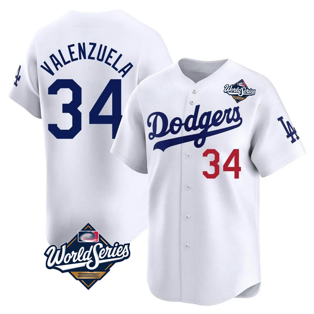 LA.Dodgers #34 Fernando Valenzuela Player White World Series Limited Home Gdoa Stitched Jerseys