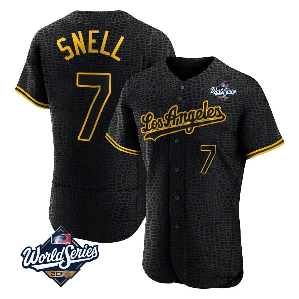 LA.Dodgers #7 Blake Snell Player Black Snake Skin City Limited Elite World Series Home Gdoa Stitched Jerseys