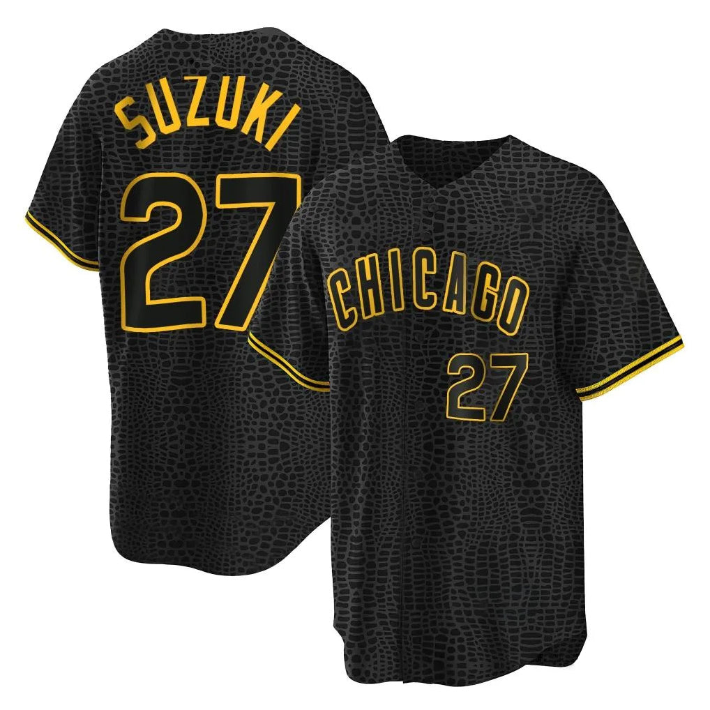 C.Cubs #27 Seiya Suzuki Player Black Snake Skin City Game Gdoa Stitched Jerseys