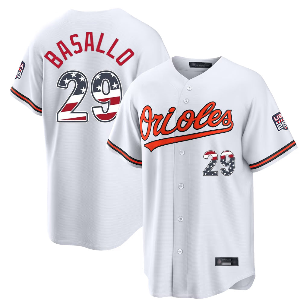 B.Orioles #29 Samuel Basallo Player White USA 250 Fourth of July Home Game Gdoa Stitched Jerseys